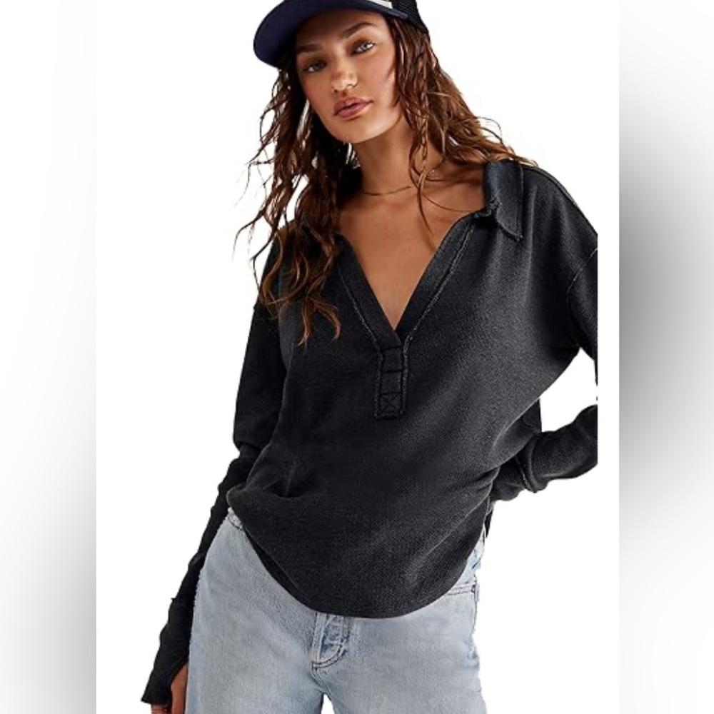 We The Free Anakin Thermal Top Charcoal Slouchy Oversized Relaxed Long Large